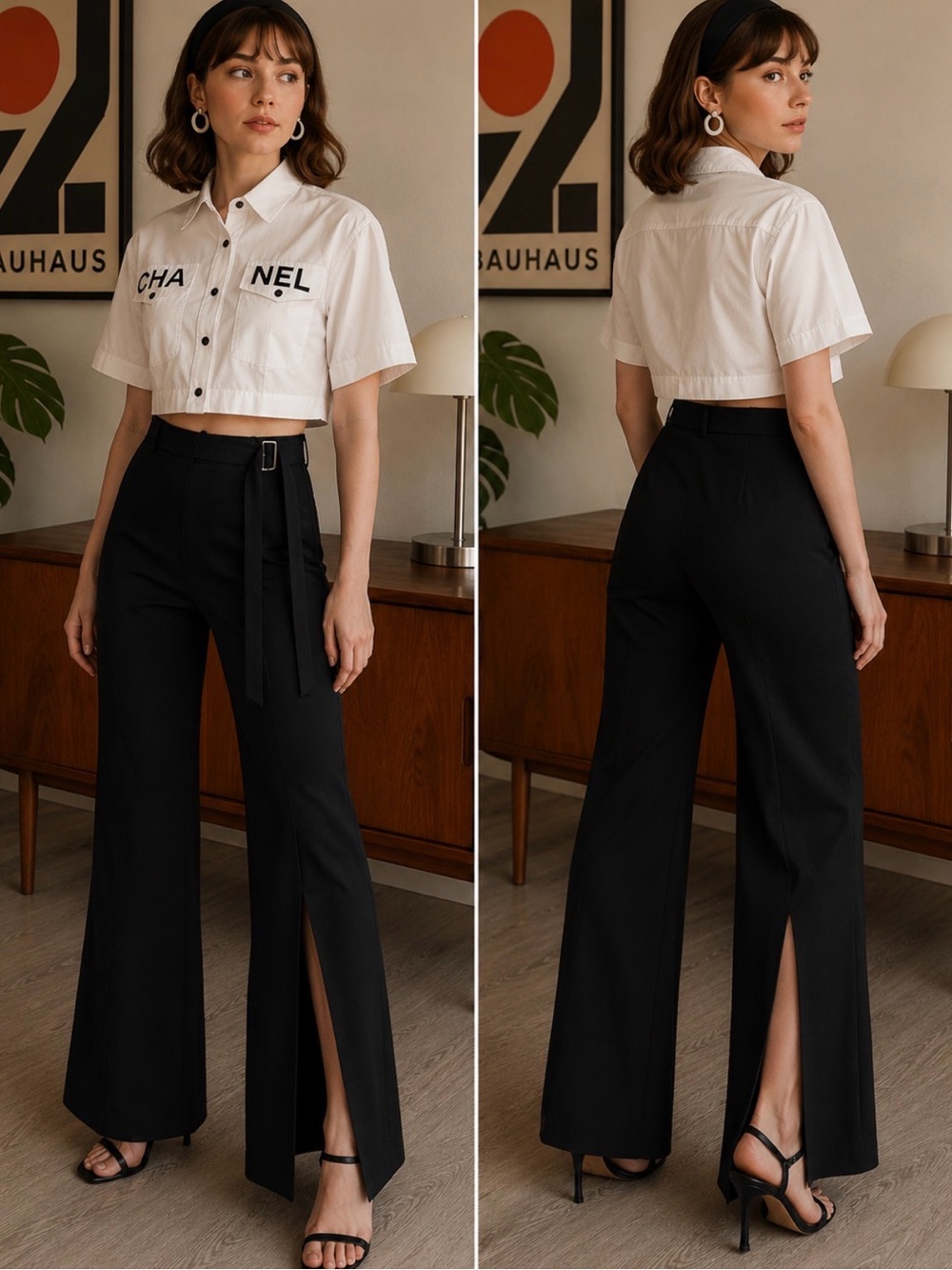 Cache ,High-Waist Black Wide-Leg Pants with Front and back Slit